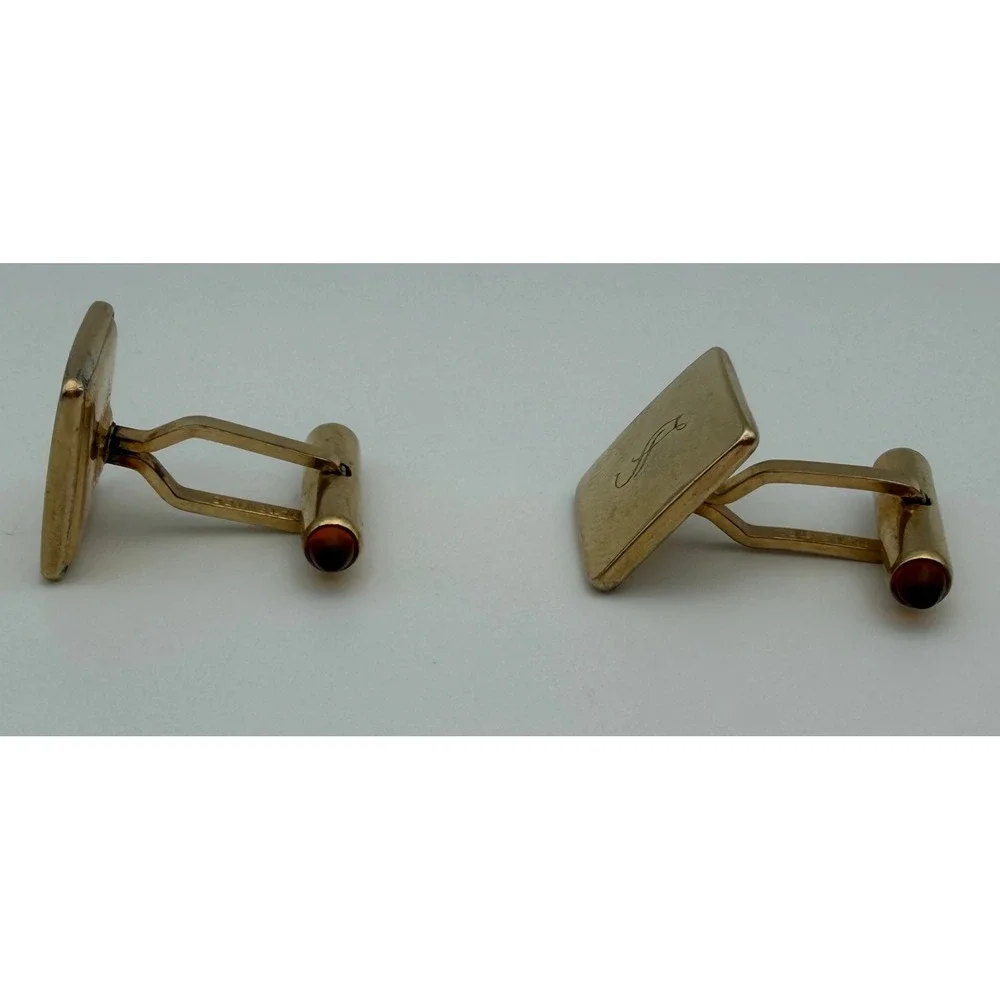 Krementz Vintage Gold Tone Monogram S Square Cufflinks Amber Cabochon Accents